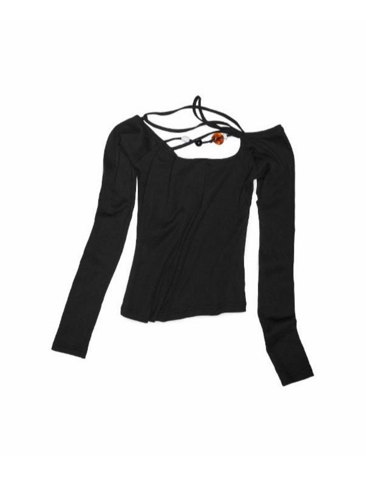 Off Shoulder Beaded Strap Long Sleeved T-Shirt【s0000013386】
