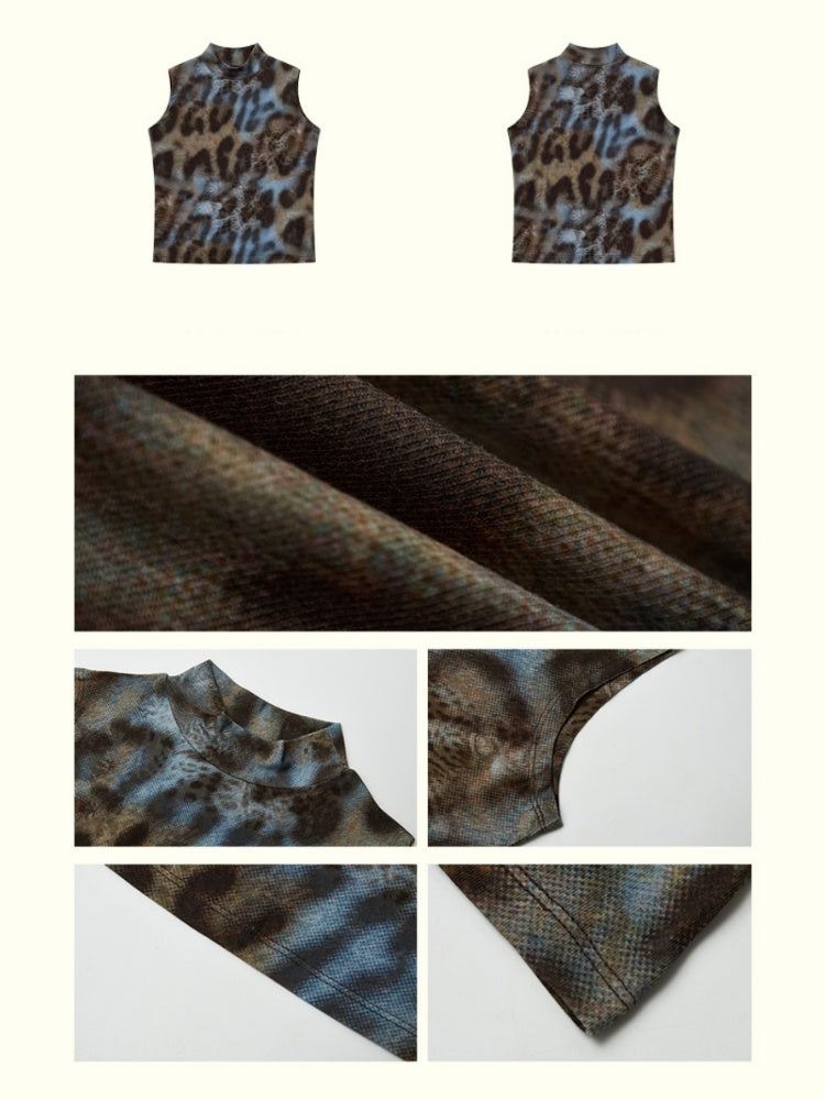Leopard Print High Neck Sleeveless Tops【s0000013402】