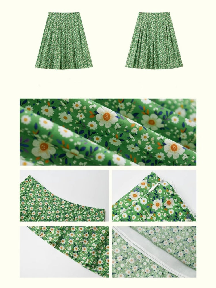 "Green Grass" Floral Pleated Skirt【s0000013407】