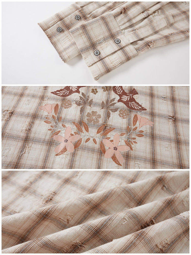 Vintage Style Distressed Back Flower Print Plaid Shirt【s0000013773】