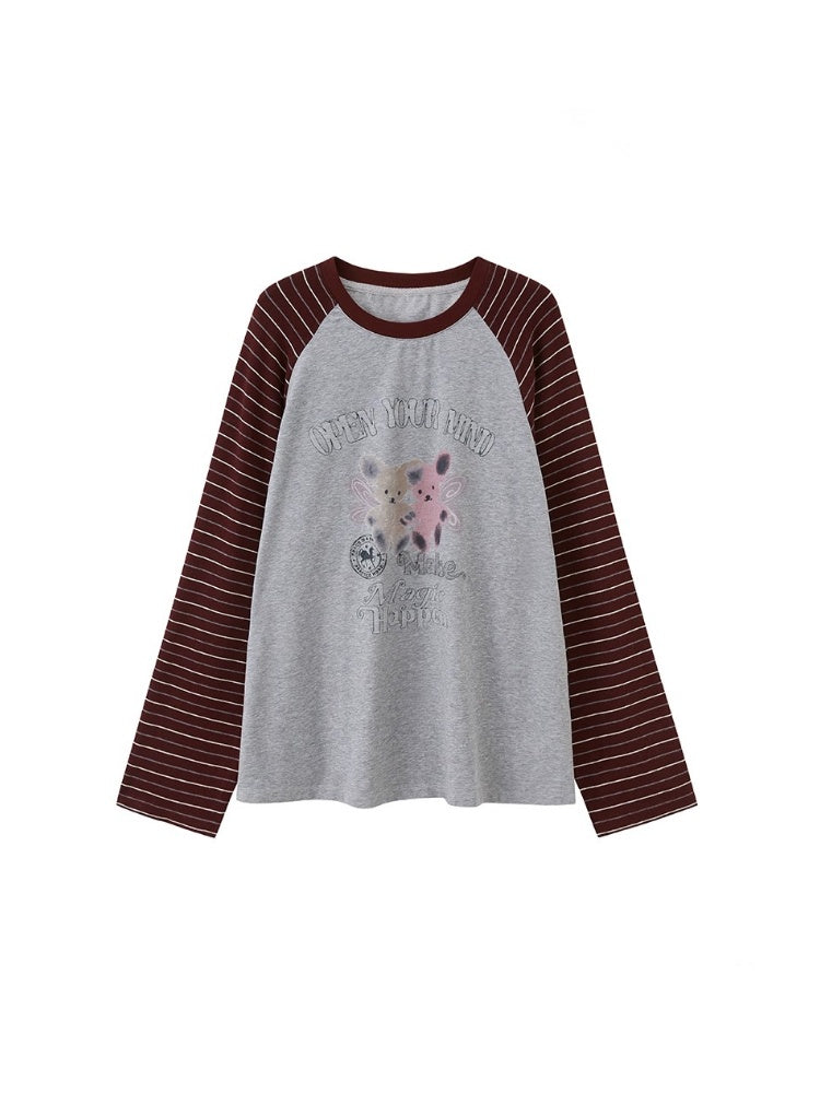 Two Bear Print Thin Striped Long Sleeve Loose T-Shirt【s0000013777】