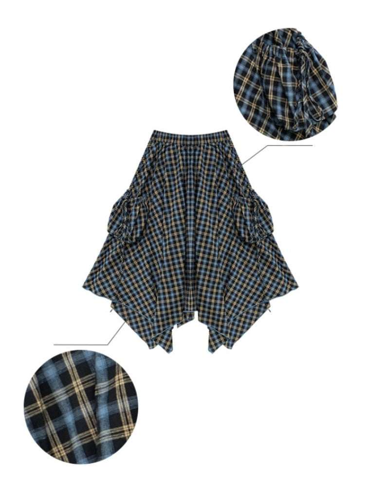 Plaid High Waist Drawstring Pocket Irregular Maxi Skirt【s0000013780】