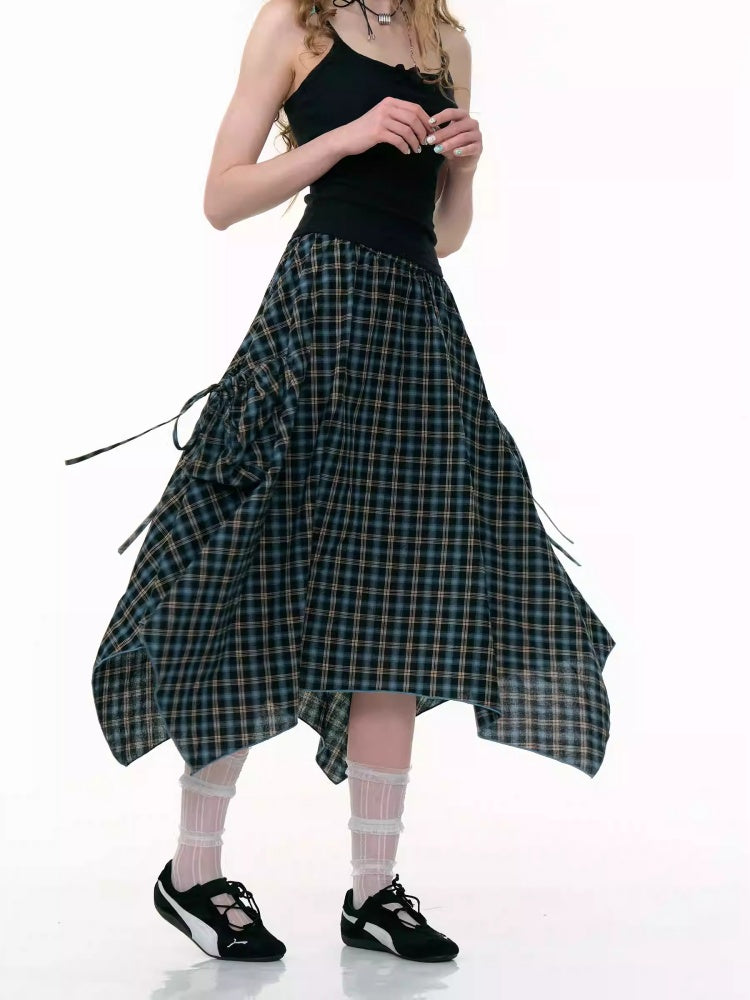 Plaid High Waist Drawstring Pocket Irregular Maxi Skirt 