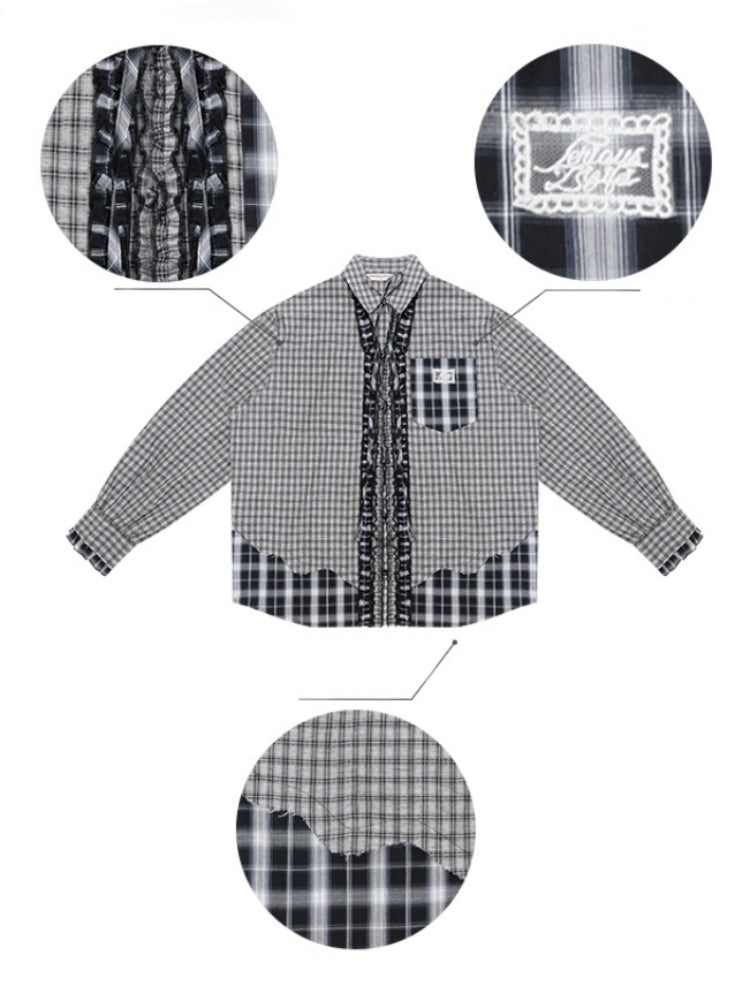 Loose Plaid Spliced Wave Edge Long Sleeved Shirt【s0000013784】