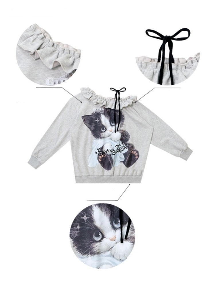 Loose Lazy Style Cat Print Off Shoulder Sweatshirt【s0000013785】