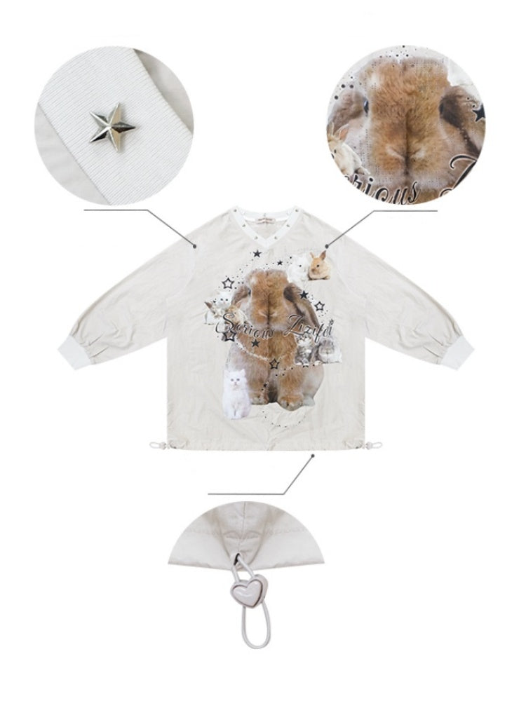 Cat & Rabbit Print Riveted Thin V-Neck Sweatshirt【s0000013786】