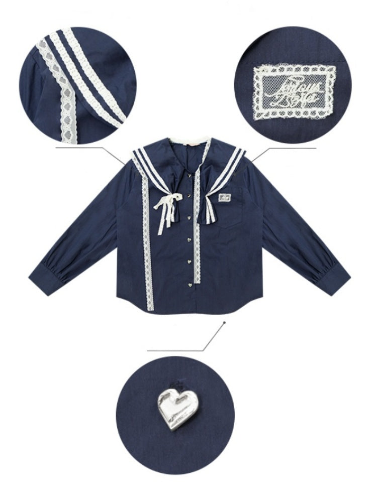 Preppy Style Sailor collar Lace Belt Long Sleeve Shirt【s0000013789】