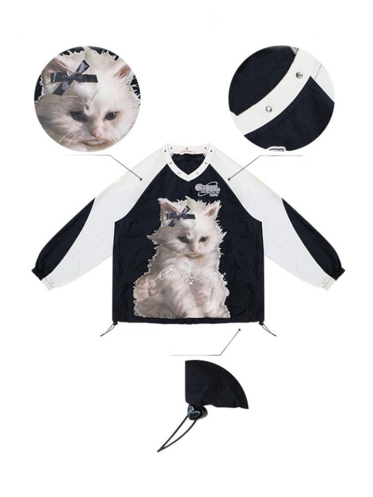 Cat Print Sporty Style Contrast V-Neck Sweatshirt【s0000013792】