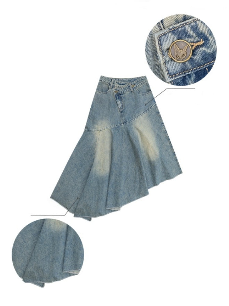 Irregular Hem High Waisted Mid-Length Denim Skirt【s0000013798】