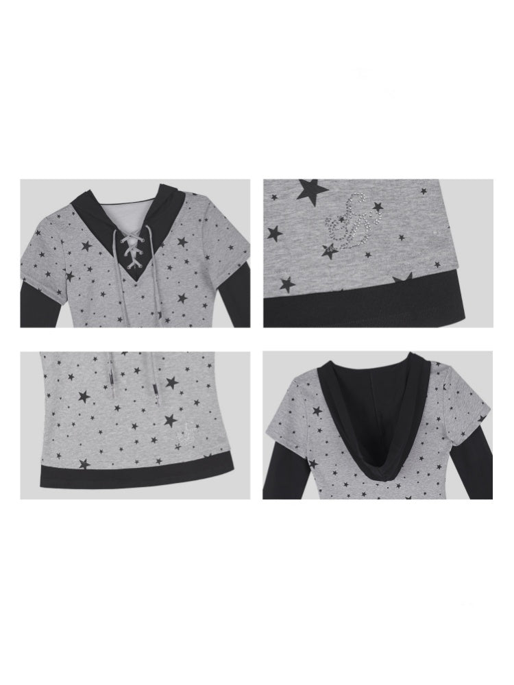 Star Faux Layered Hooded Lace-Up T-shirt【s0000013799】