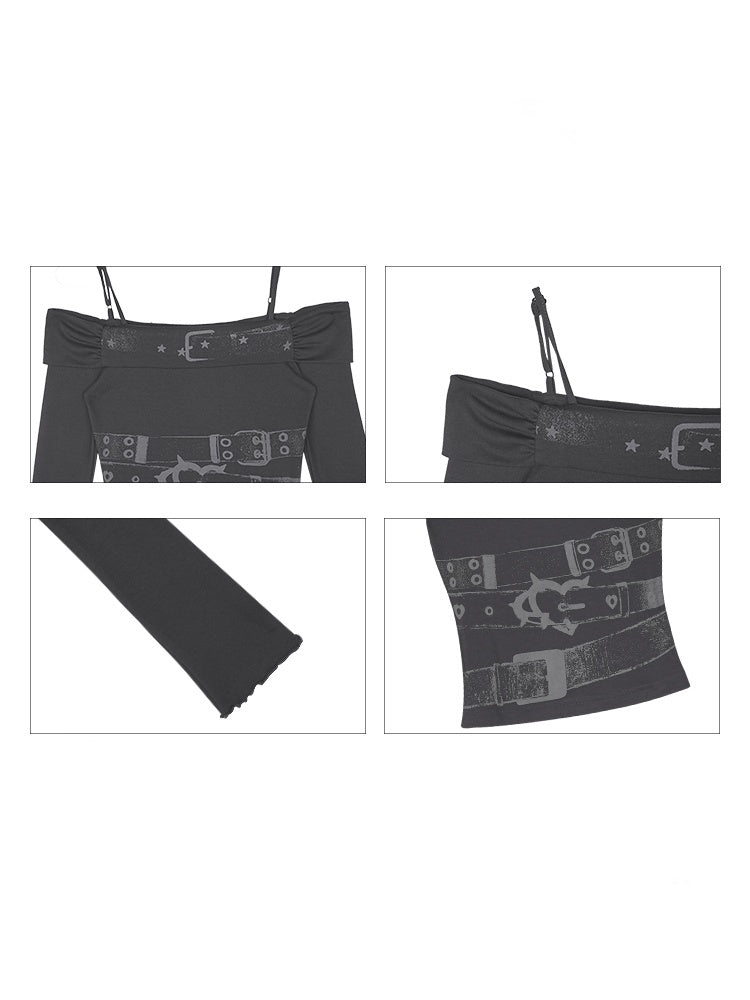 Off-Shoulder Belt Print Tops【s0000013805】