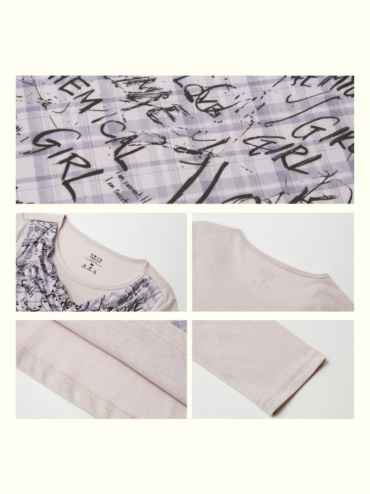 "Graffiti Puzzle" Swinging Collar Print Faux Layered Long Sleeved T-shirt【s0000013827】