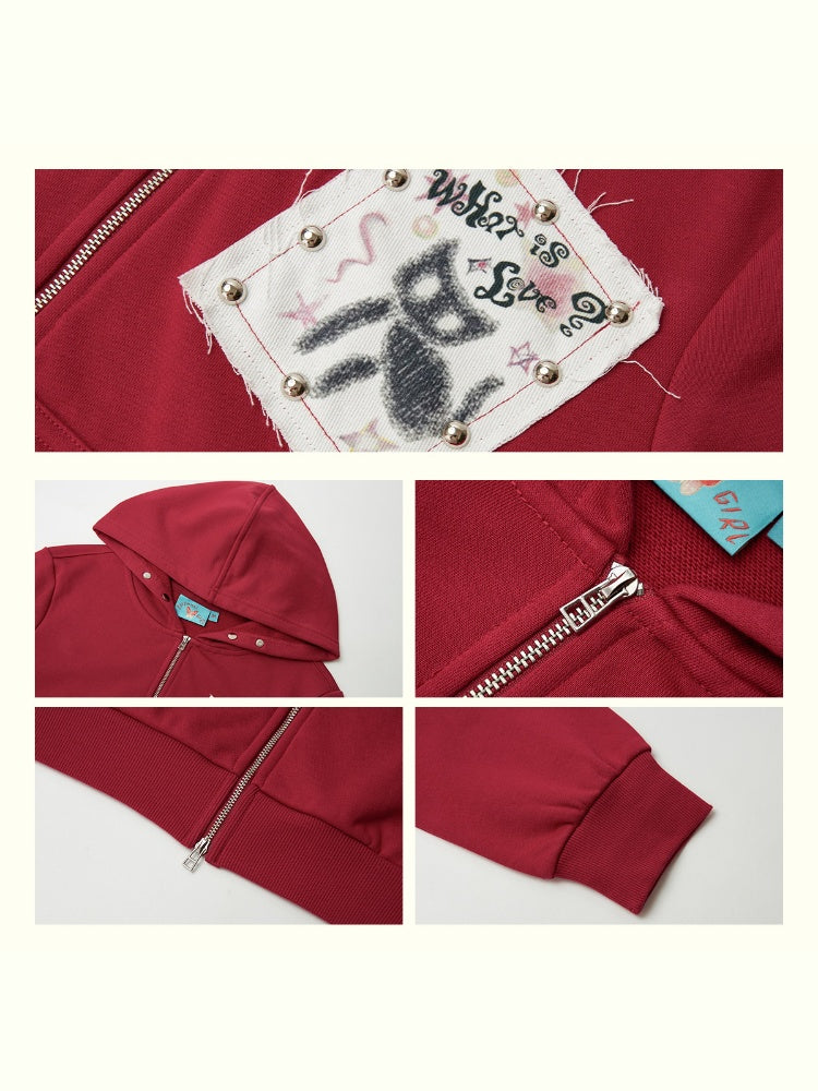 "Cherry Fruit" Kitten Print Vintage Hooded Zip Jacket【s0000013835】