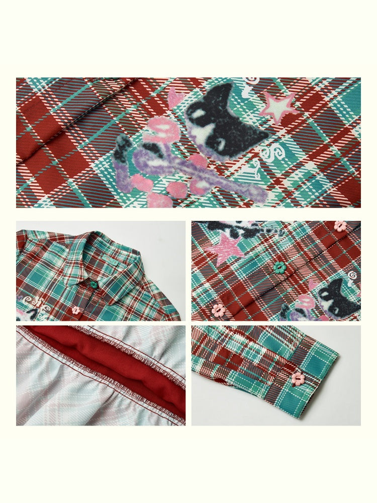 "Meow Meow Band" Doll Collar Plaid Print Long Sleeved Shirt【s0000013838】