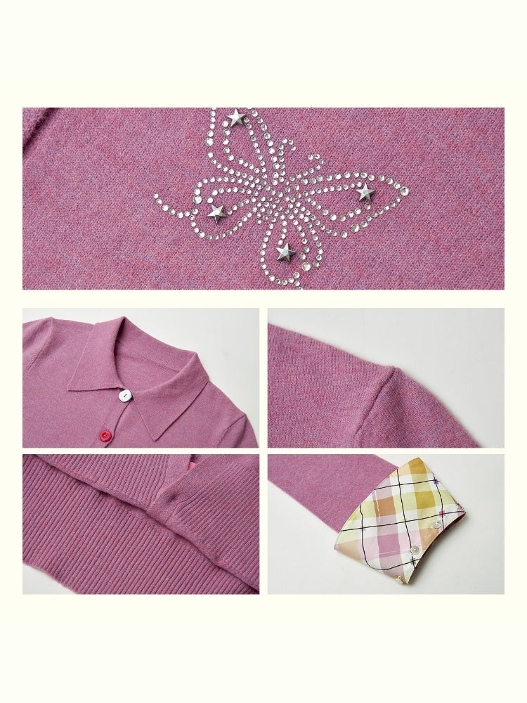 "Pink Butterfly Fun Dream" Slim Fit Plaid Sleeve Shirt【s0000013839】