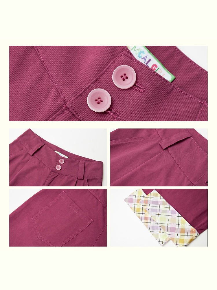 "Raspberry Candy" Retro Plaid Cuffed Wide-Leg Casual Trousers【s0000013846】