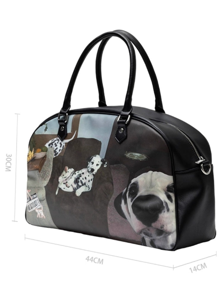 Original Vintage Cat & Dog Print Boston Leather Commuter Adjustable Crossbody Bag【s0000013849】