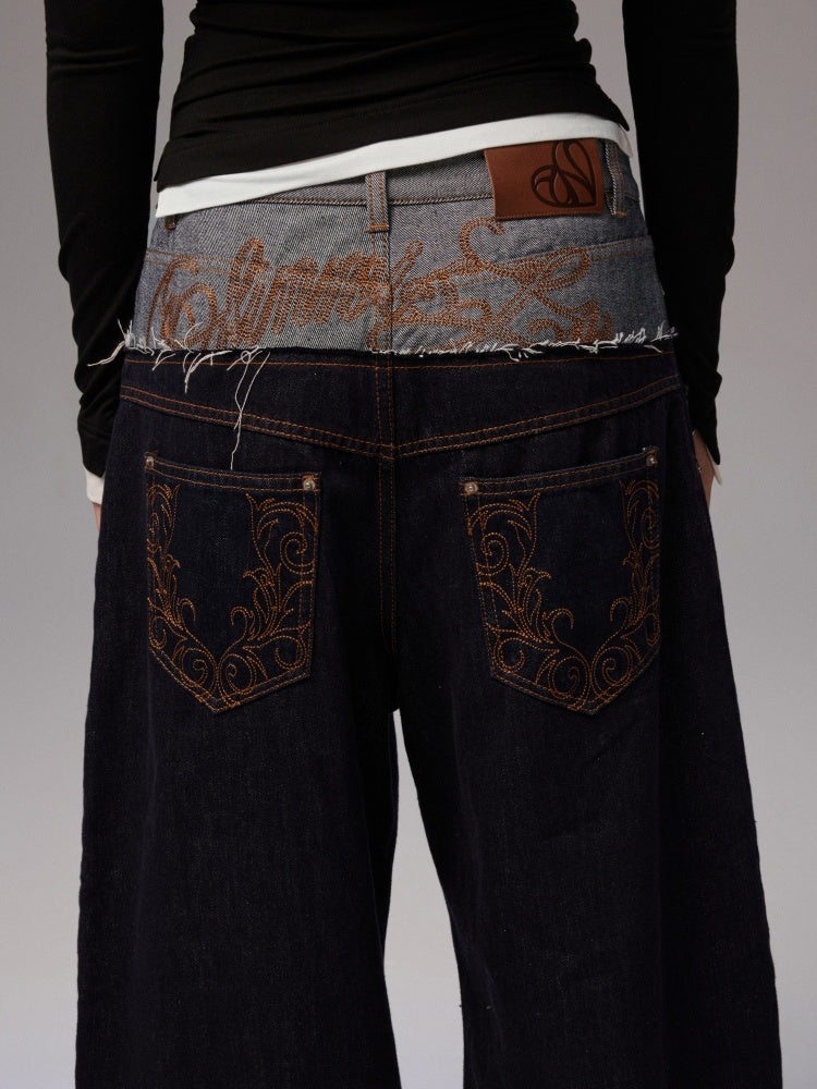 Double Waist Spliced Embroidered Loose Straight Floor Length Wide Leg Pants【s0000013855】