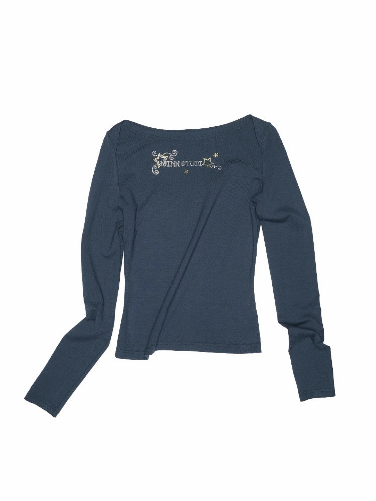 Off-Shoulder Rhinestone Logo Long-Sleeve T-Shirt【s0000013856】