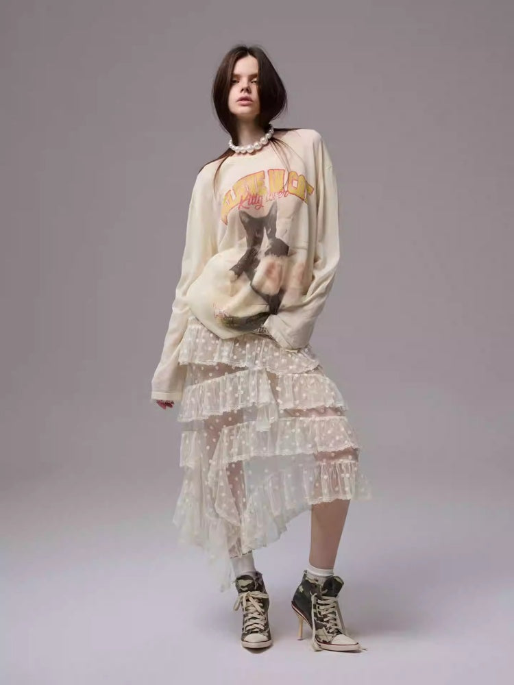 American Vintage Cat Print Slightly Sheer Knit T-Shirt【s0000013862】