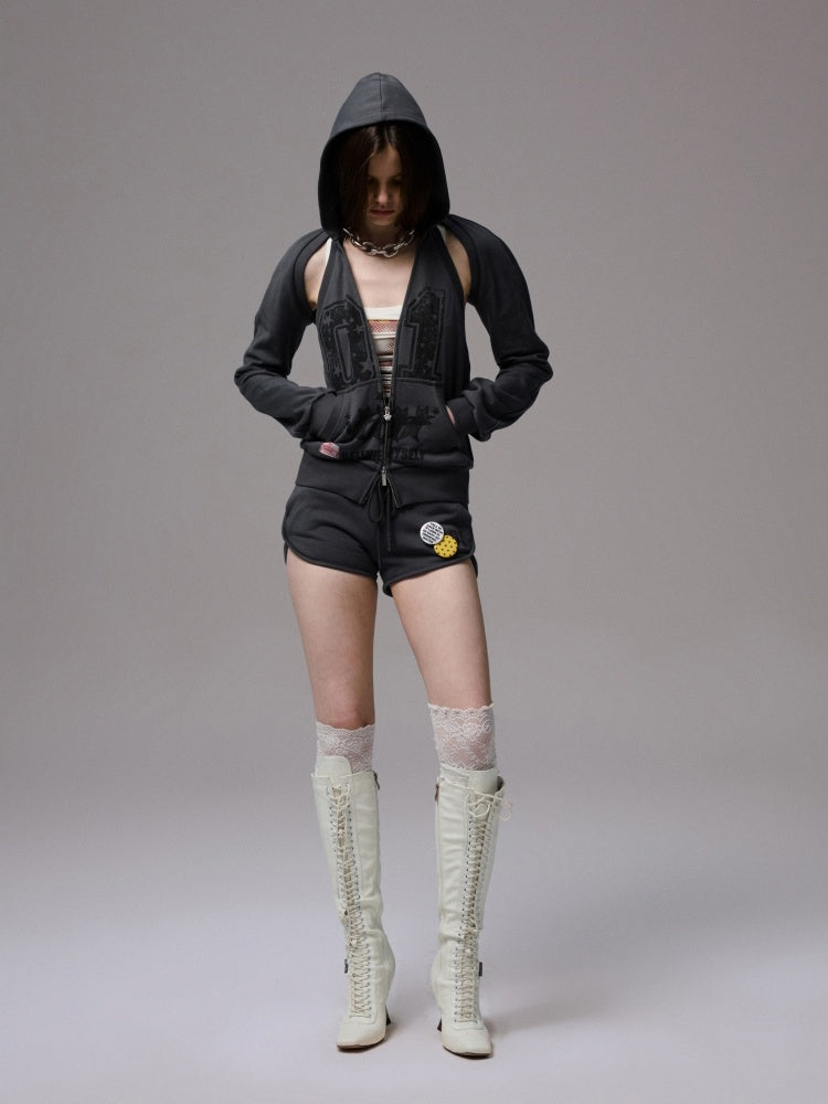 Street Lazy Halter Neck Hooded Open Back Shoulder Sweatshirt Two-Piece Set【s0000013864】