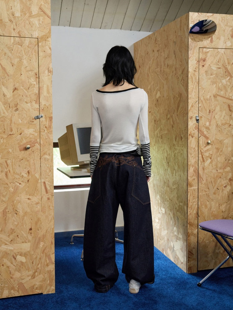 One Line Boat Collar Faux Layered Graffiti Print Long Sleeved T-Shirt【s0000013865】