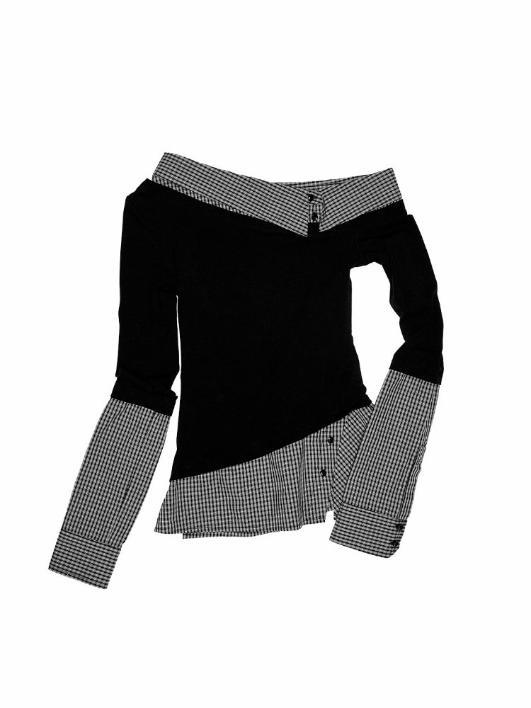 Faux Layered Slanted Shoulder Knit Paneled Shirt Collar T-Shirt【s0000013866】