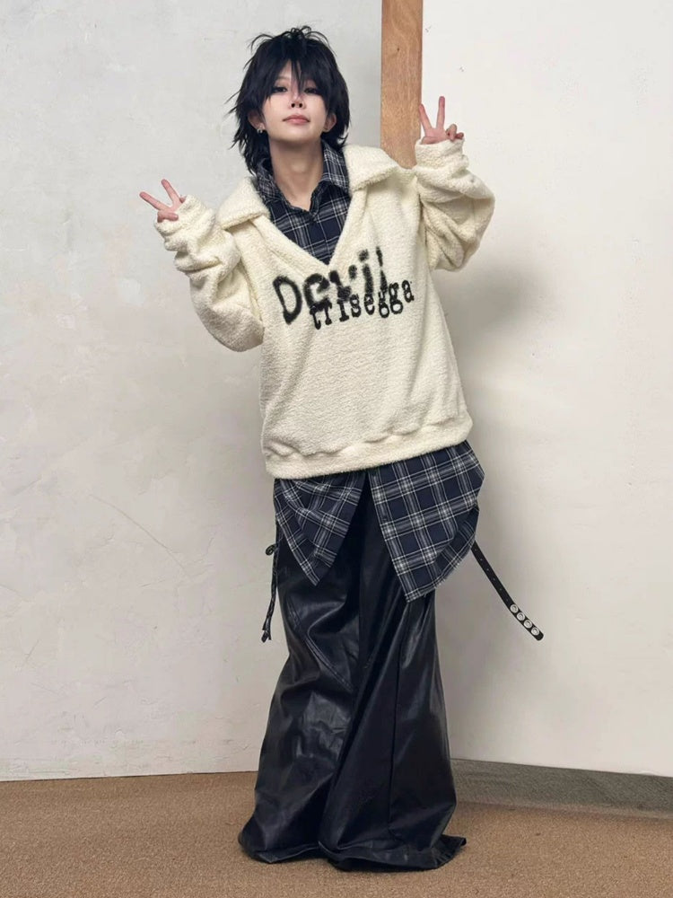 Graffiti Print Fluffy Fleece Faux Layered Drawstring Hem Plaid Shirt【s0000014216】