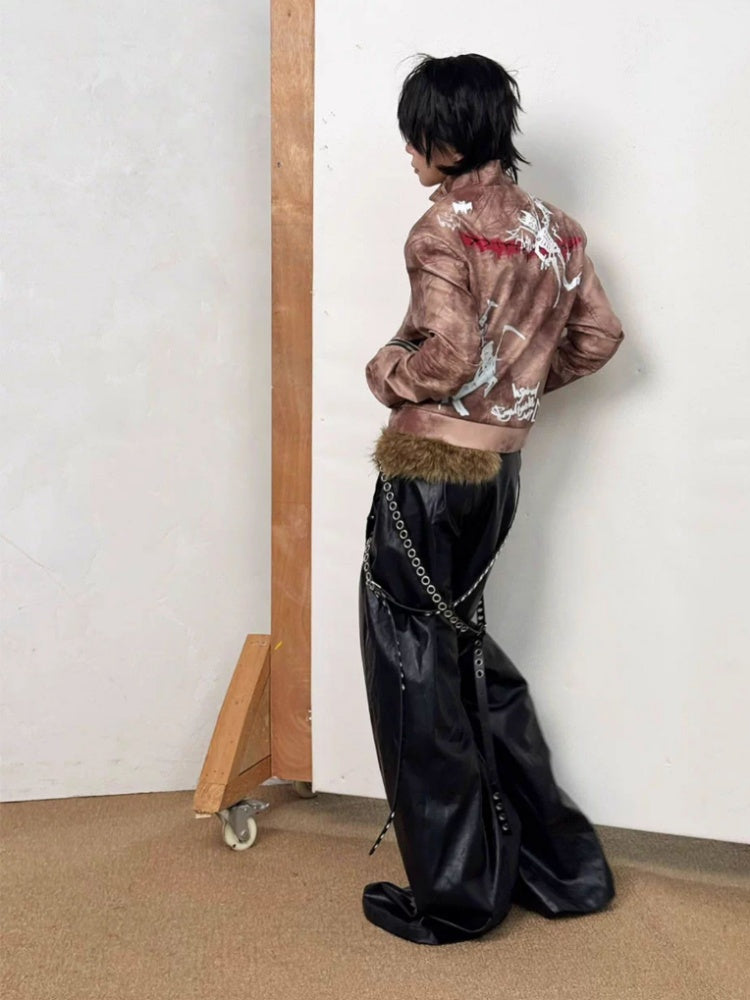 Graffiti Leather Make Dirty Print Flared Sleeve Slim Jacket【s0000014217】