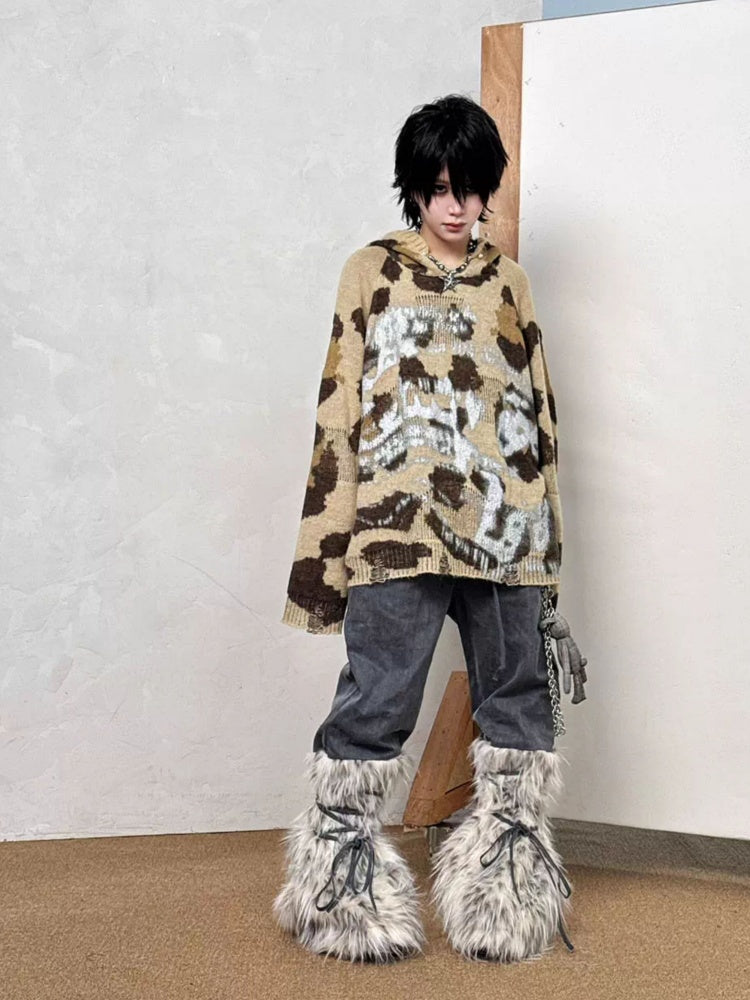 Leopard Print Brushed Silver Graffiti Ripped Knit Pearl Button Hoodie【s0000014218】