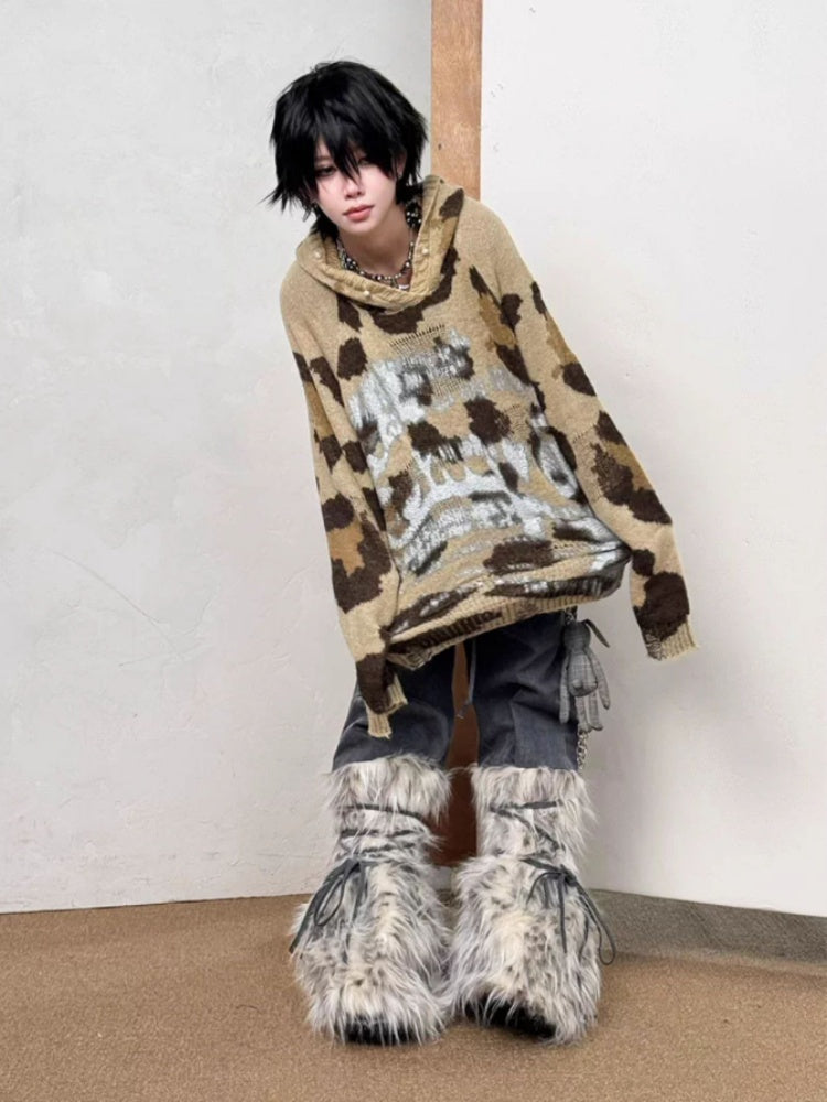 Snow Monster Sleeve Faux Wool Drawstring Leg Loose Washed Jeans【s0000014219】