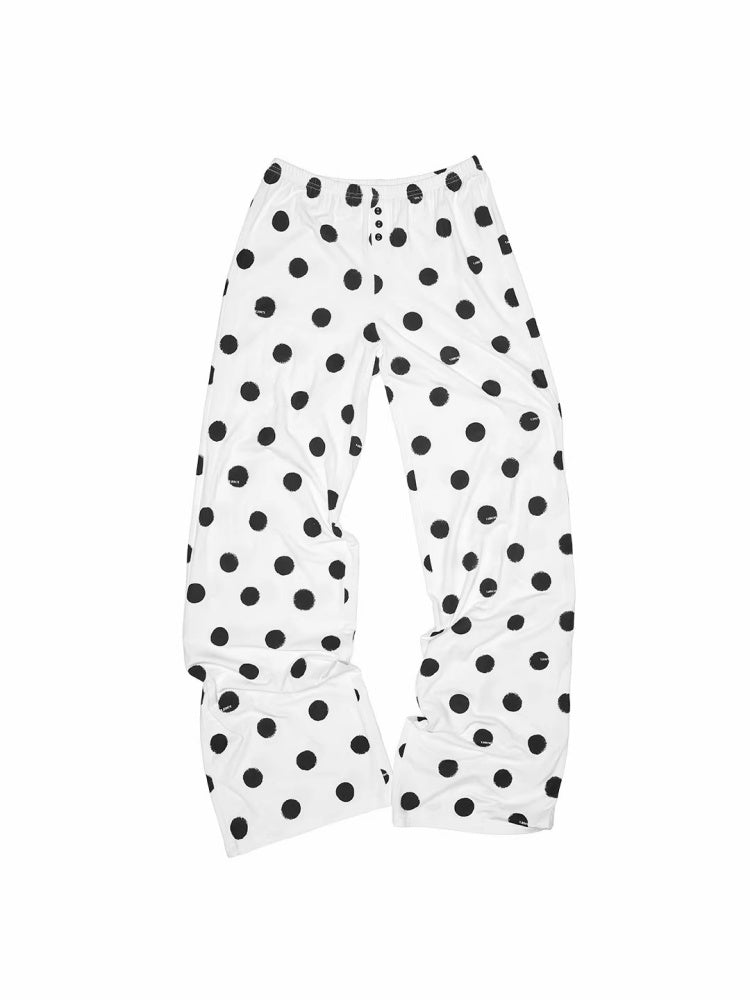 Contrast Polka Dot Knit Long Sleeve Cardigan Pajamas Loungewear Pants Set【s0000014222】