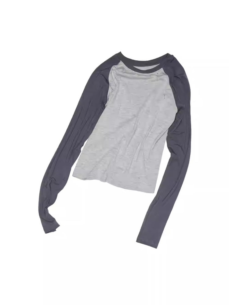 American Street Digital Print Raglan Sleeve Ripped Contrast Crew Neck T-Shirt【s0000014226】