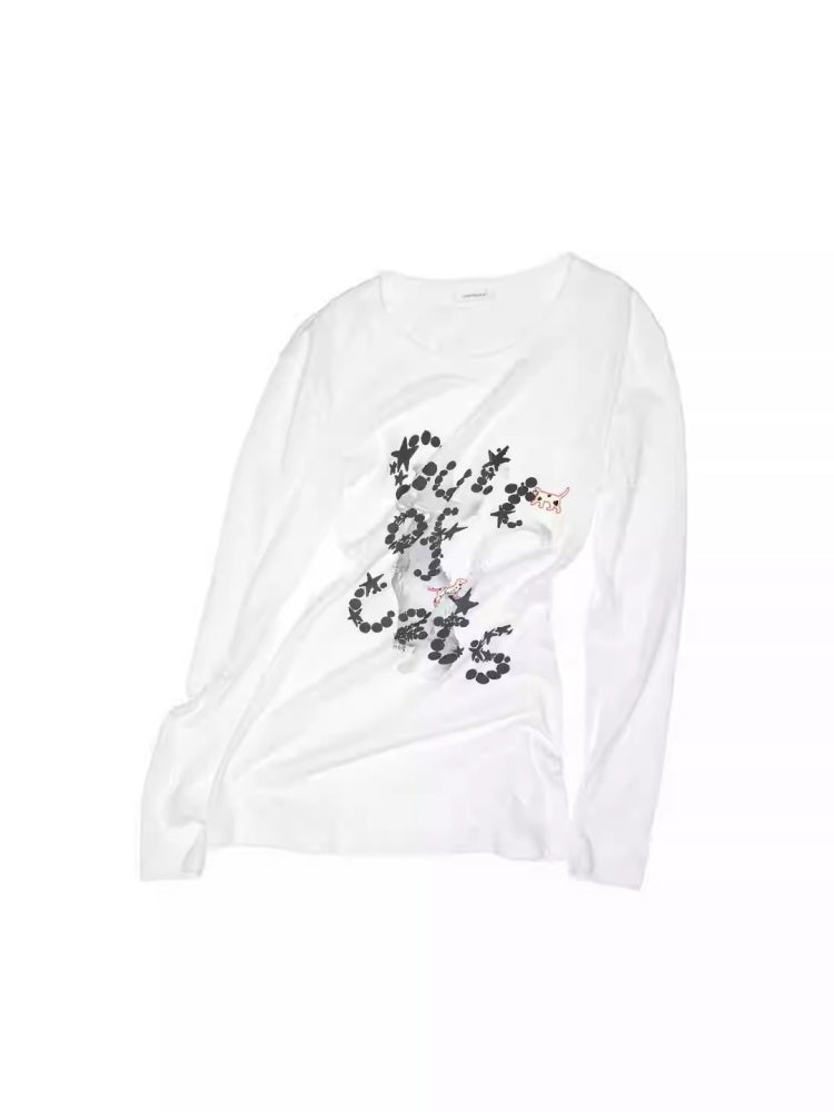 Cat Print Backless Hollow Mid-Length Waist Slimming Long Sleeve T-Shirt【s0000014229】