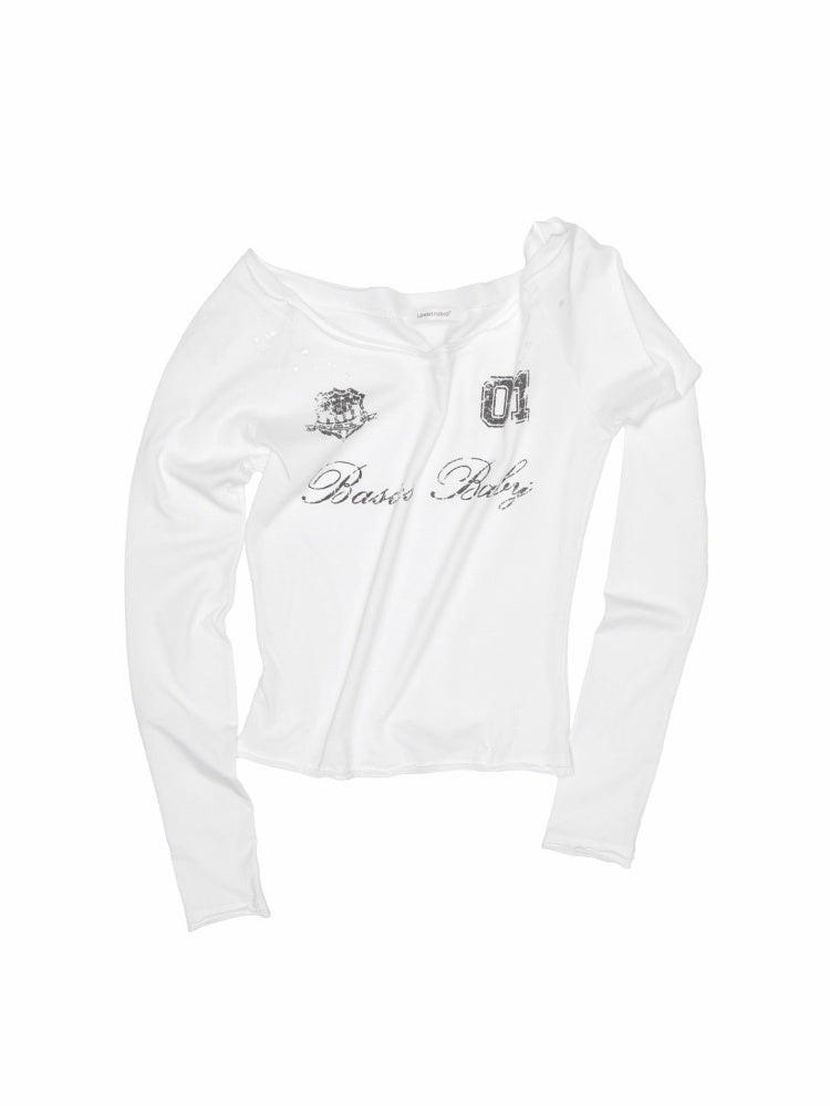 American-Style Badge Print Perforated Design Slim Long Sleeve T-Shirt【s0000014230】