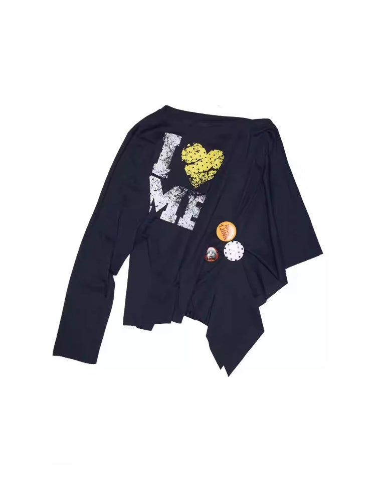 Badge Lazy Style Monogram Print Loose Off-Shoulder Sweatshirt【s0000014234】