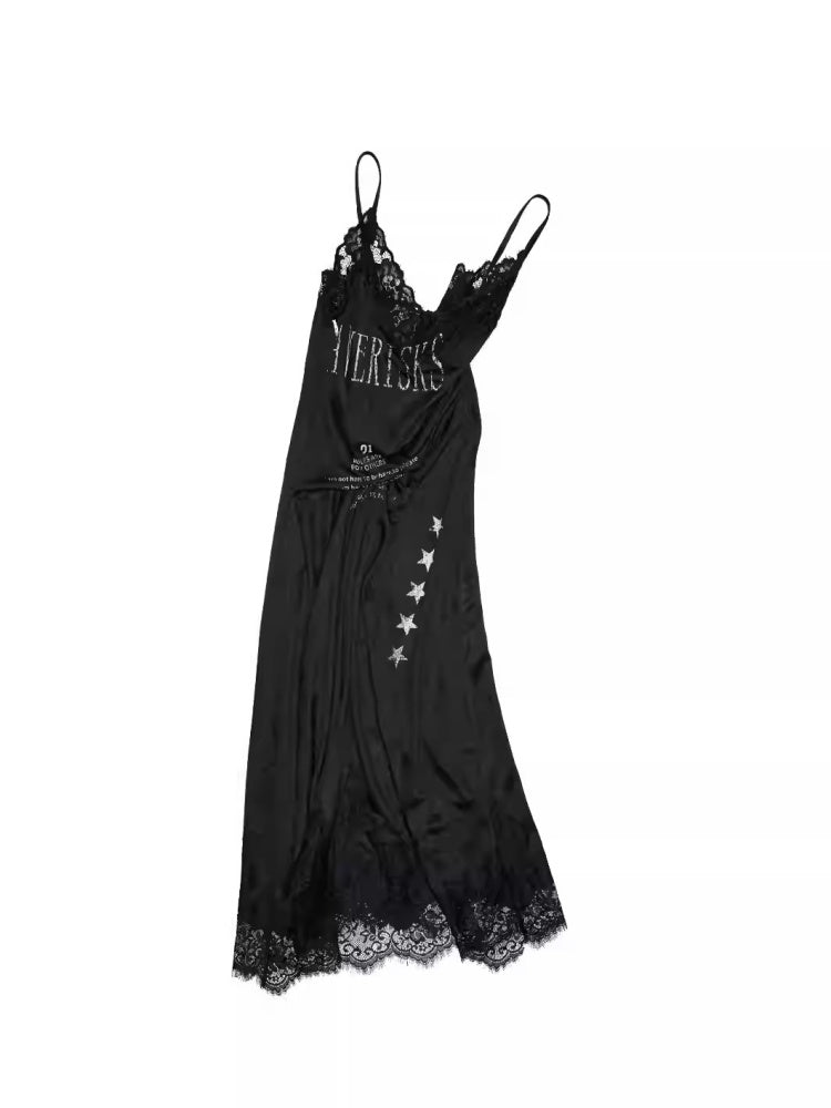 Heavy Satin Letter Print Paneled Lace Suspender Midi V-Neck Sexy Dress【s0000014238】