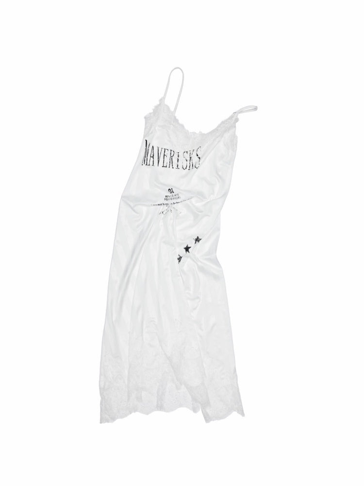 Heavy Satin Letter Print Paneled Lace Suspender Midi V-Neck Sexy Dress【s0000014238】