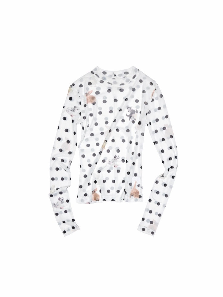 Polka Dot Cat & Dog Love Print Small Turtle Neck Skin Slim Long Sleeve Tops【s0000014245】