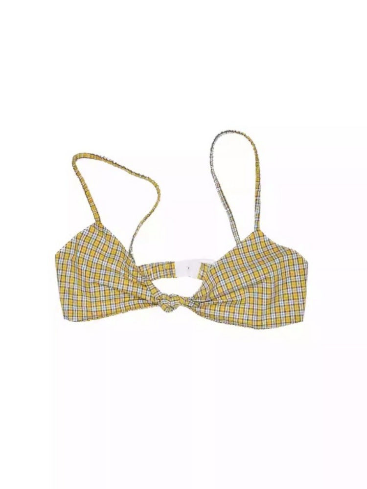 Vintage Contrast Check Button Corset Asymmetrical Double Cross No Wire Lingerie【s0000014258】