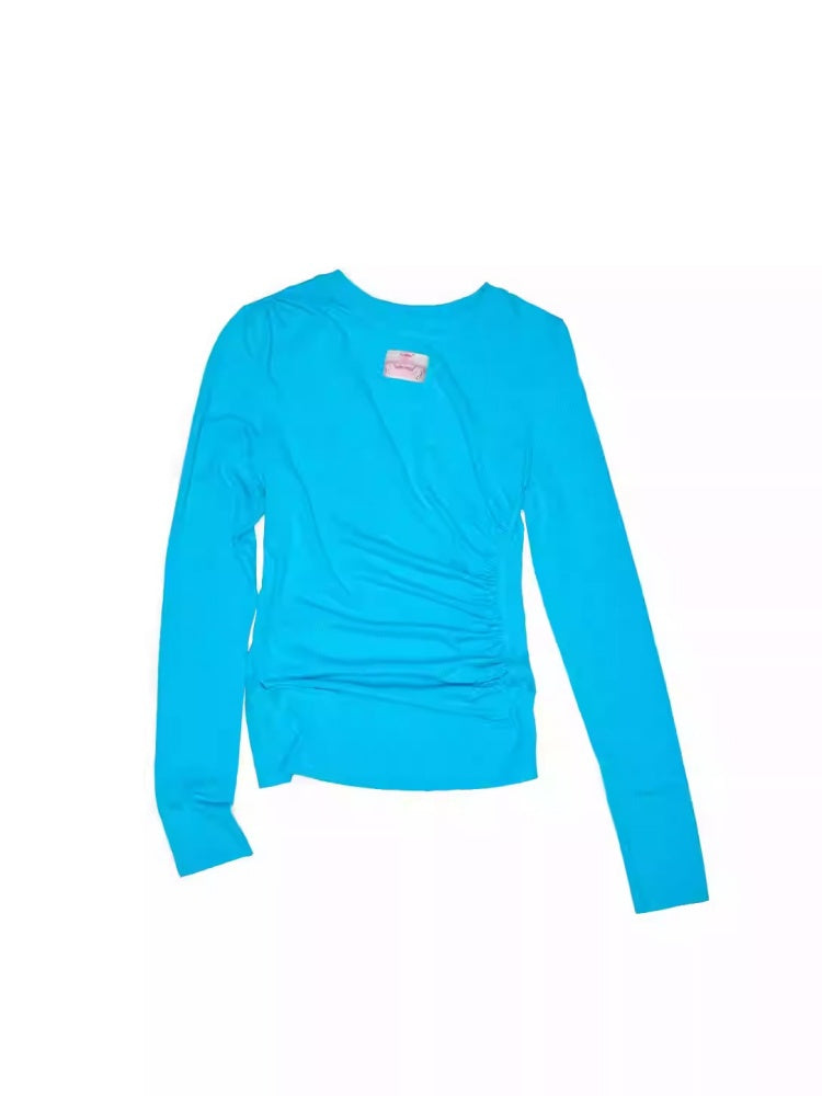 Solid Color Crew Neck Asymmetrical Pleated Shoulder Waist Slimming Long Sleeve T-Shirt【s0000014261】