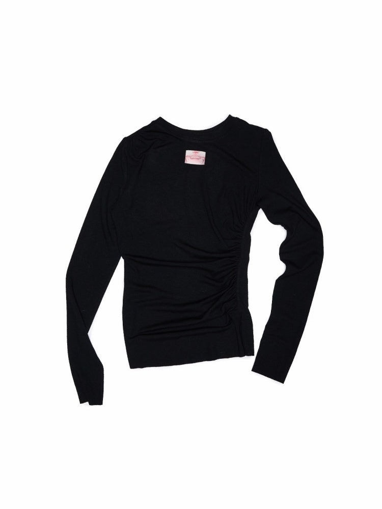 Solid Color Crew Neck Asymmetrical Pleated Shoulder Waist Slimming Long Sleeve T-Shirt【s0000014261】