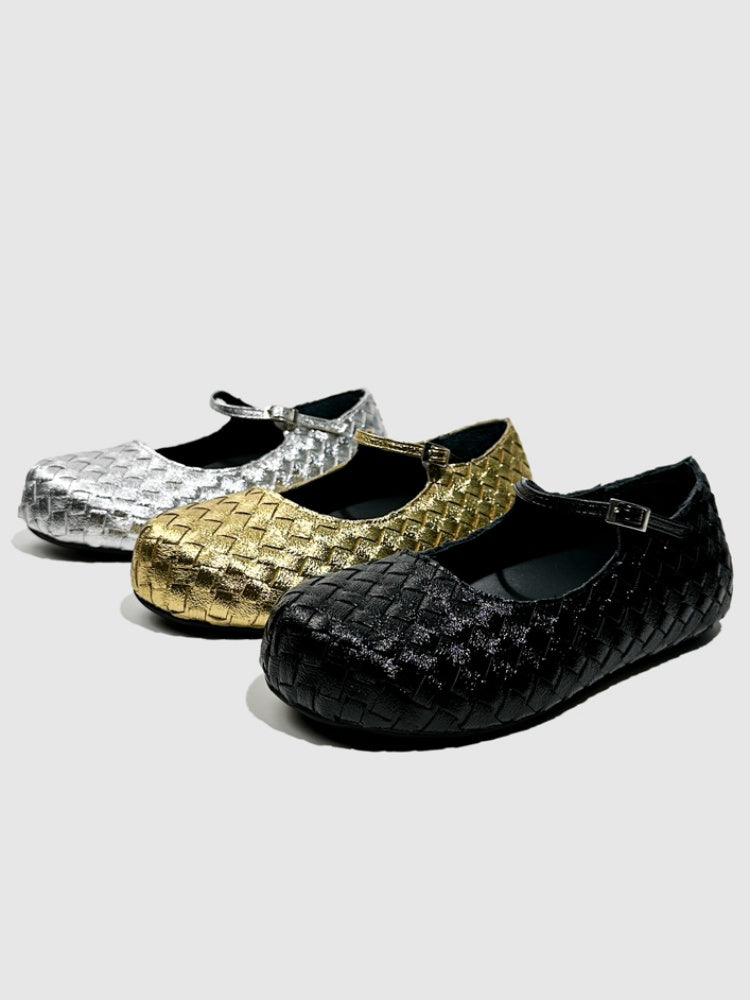 Gold Woven Ballerina Female French Low Heel Gentle Fairy Style Mary Jane Shoes【s0000014303】
