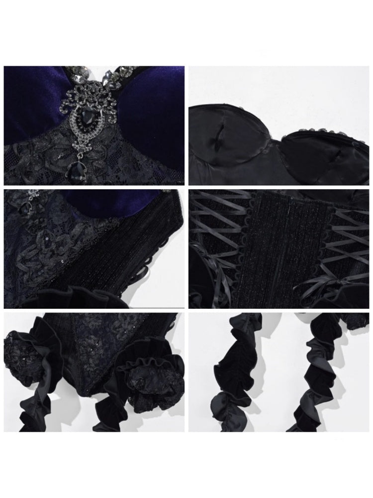 Day Of Mourning Gothic Gorgeous Sparkling Diamond Velvet Slim Dress Corset Halloween【s0000014318】