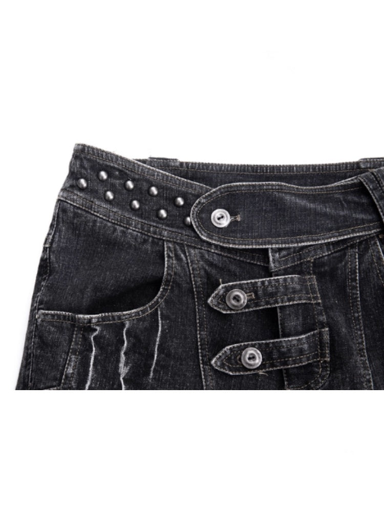 Washed Straight Motorcycle Shape Low-Rise Casual Jeans【s0000014540】