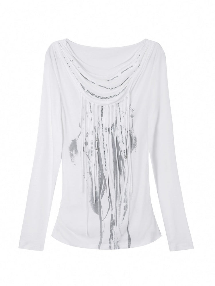 Swing Collar Multi-Layered Feather Print Wandering Wind Bottom T-Shirt【s0000014545】