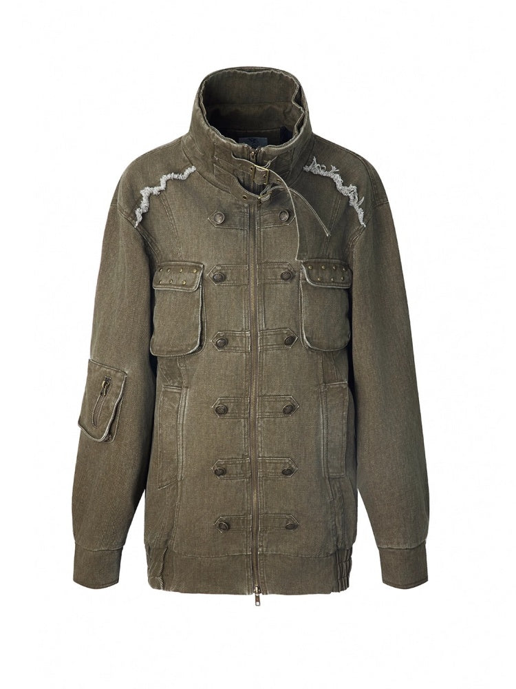 Wash Clip Cotton Drop Shoulder Workwear Mid-Length Loose Jacket【s0000014546】