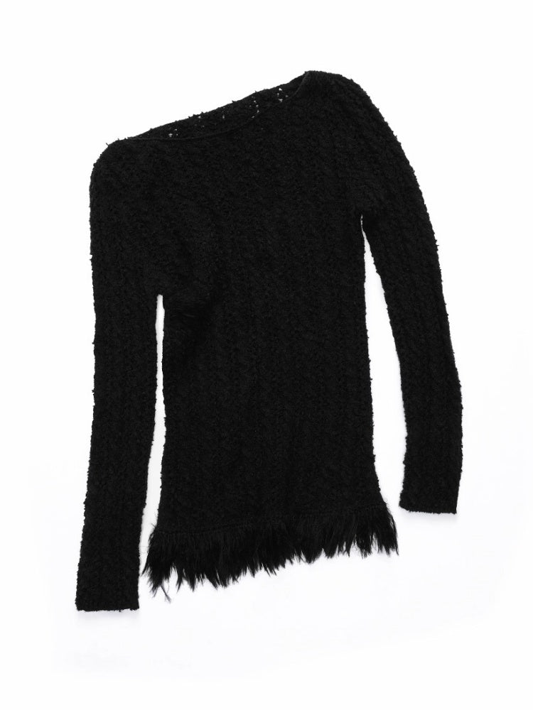 Cut-Out Cable Neck Fringe knit Slimming Long-Sleeved Top【s0000014555】
