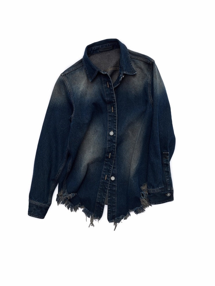 Vintage Washed Raw Edge Denim Fitted Irregular Ripped Casual Shirt Jacket【s0000014556】