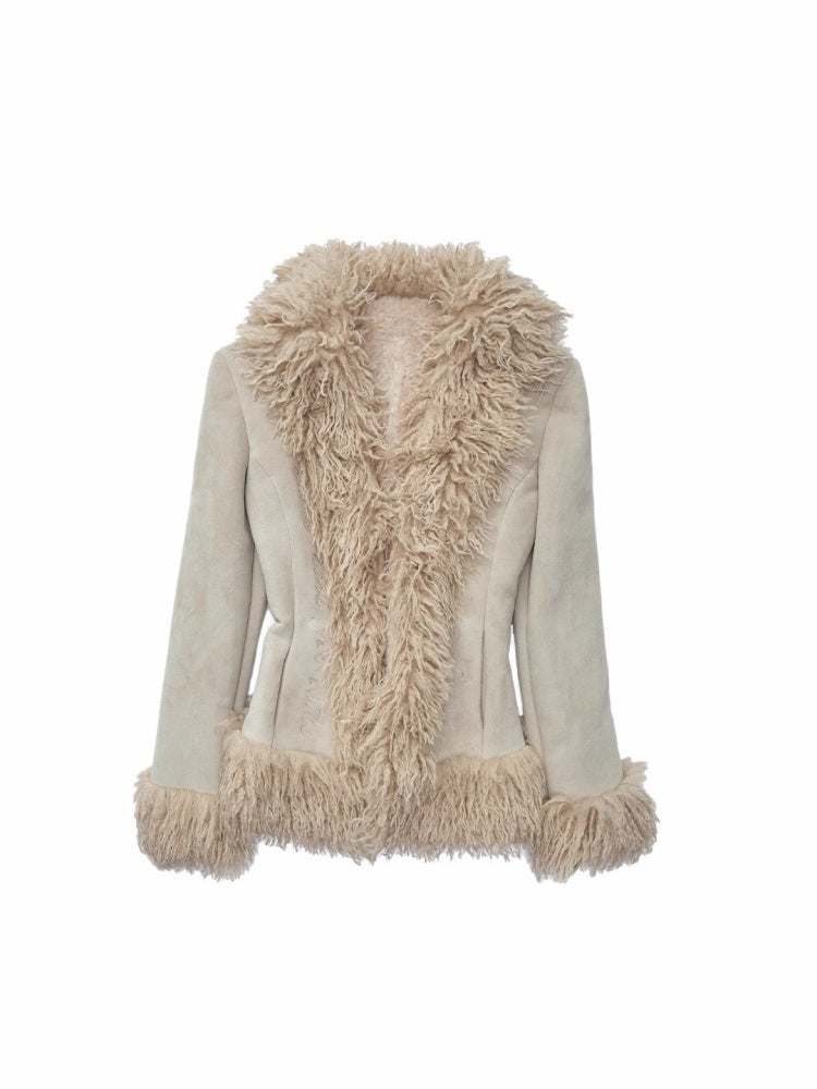 Vintage Beach Wool Embroidered Patchwork Fur Integrated Suede Slim Coat【s0000014562】